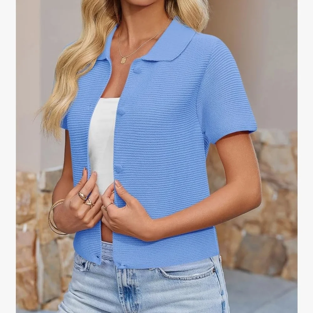 Saodimallsu Womens Short Sleeve Cropped Button Down Lightweight Cardigan - NWT